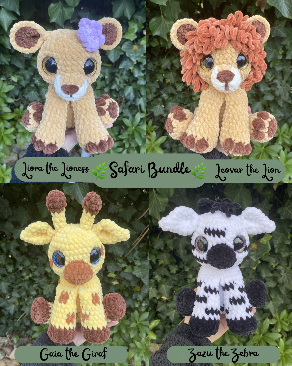 Safari Bundle: Gaia the Giraffe, Zazu the Zebra, Leovar the Lion and Liora the Lioness (Digital Pattern)